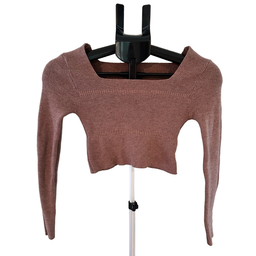 TAUPE LONG SLEEVE CROP SWEATER WITH SQUARE NECK